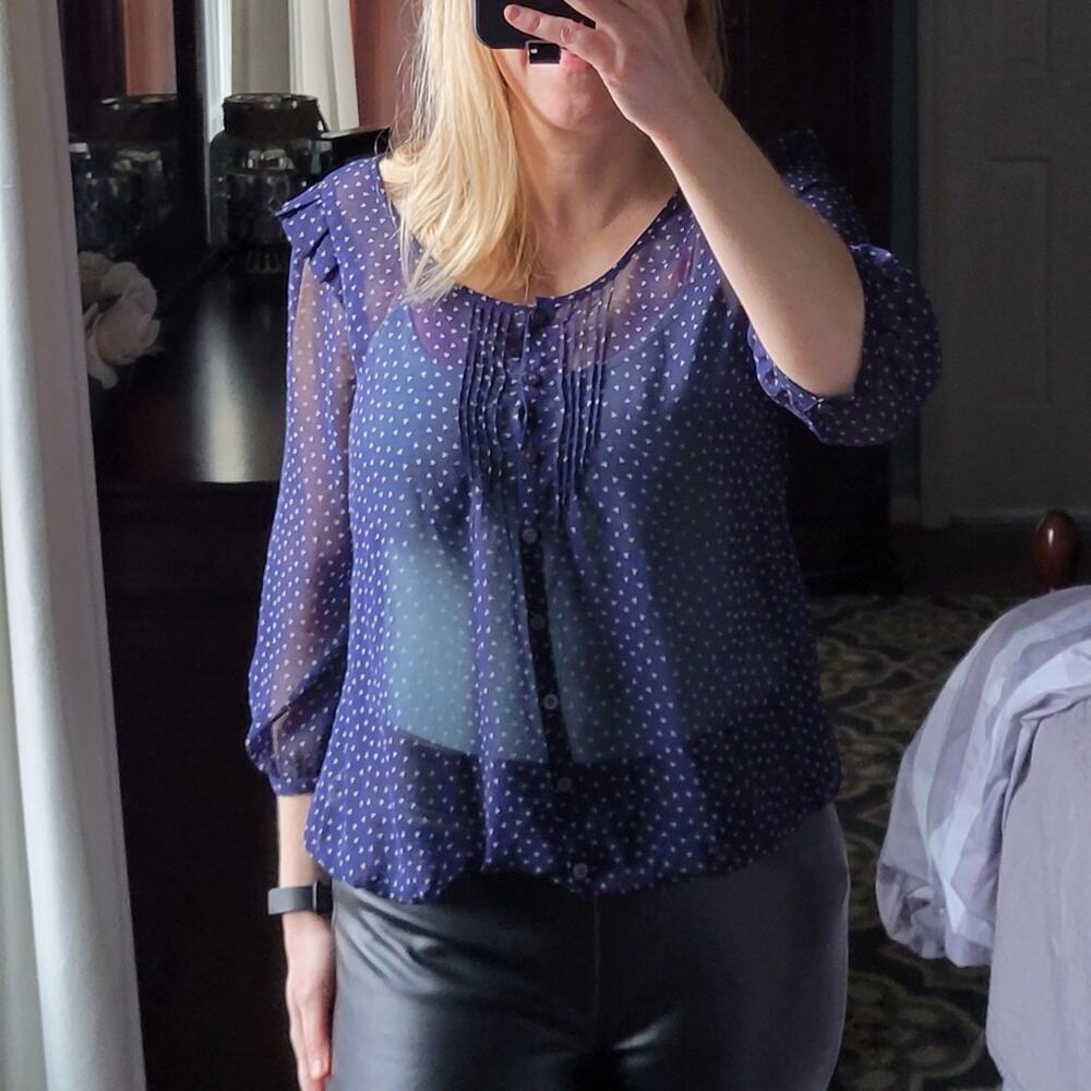 Pins and Needles Top Small Navy Blue Triangle Brown Print, Semi Sheer, Ruffle